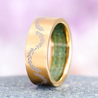 Green Moss Agate Leaf Wedding Band  in Yellow Gold Titanium (8mm)