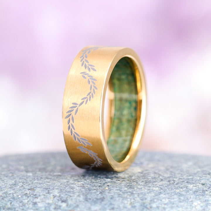 Green Moss Agate Leaf Wedding Band - 8mm Yellow Gold Titanium