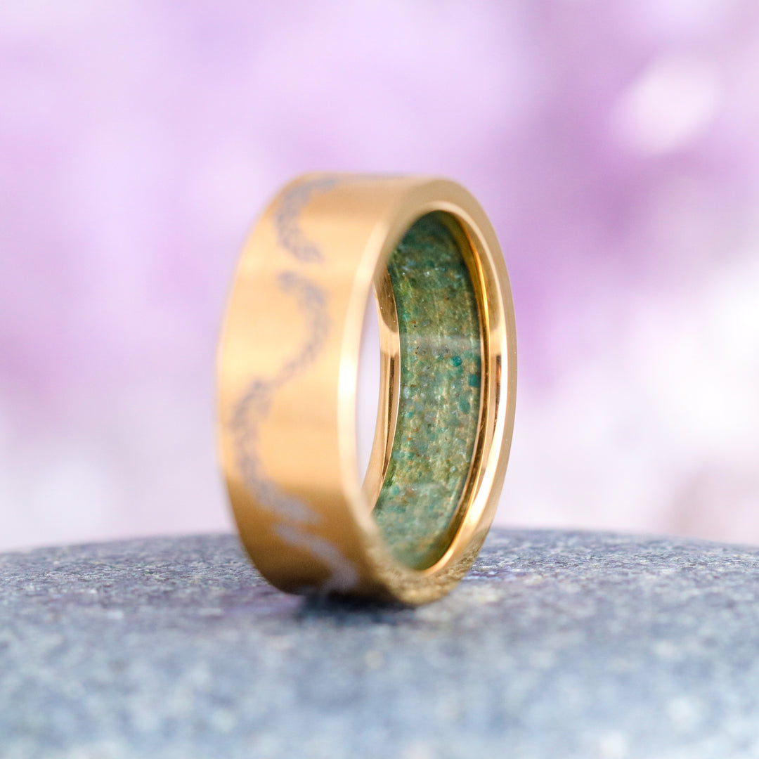 Green Moss Agate Leaf Wedding Band - 8mm Yellow Gold Titanium