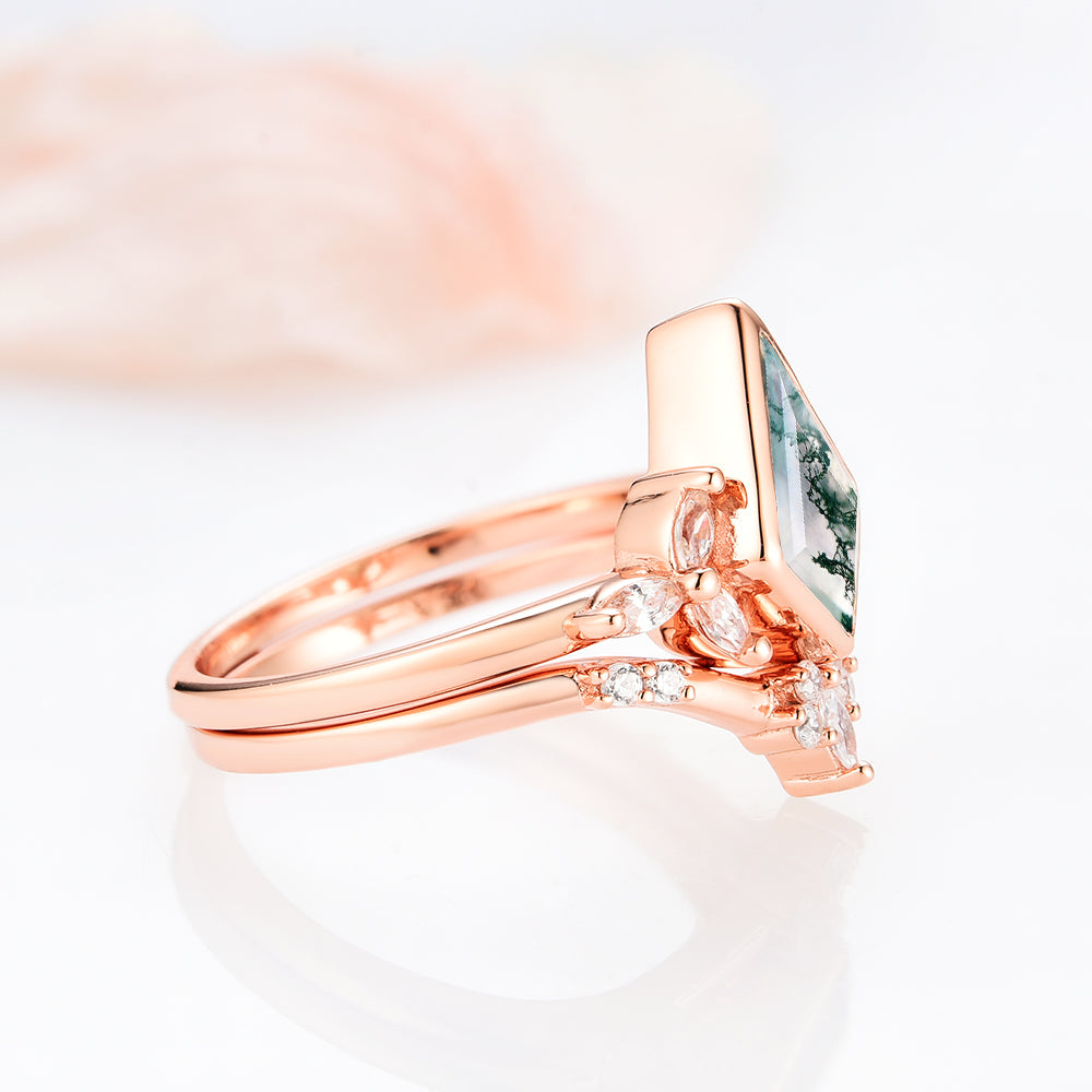 Kite Green Moss Agate Ring Set- 14K Rose Gold Vermeil