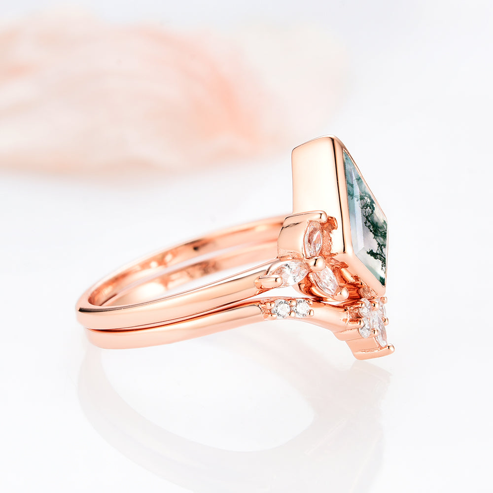 Kite Green Moss Agate Ring Set For Women- 14K Rose Gold Vermeil Natural Agate Engagement Ring