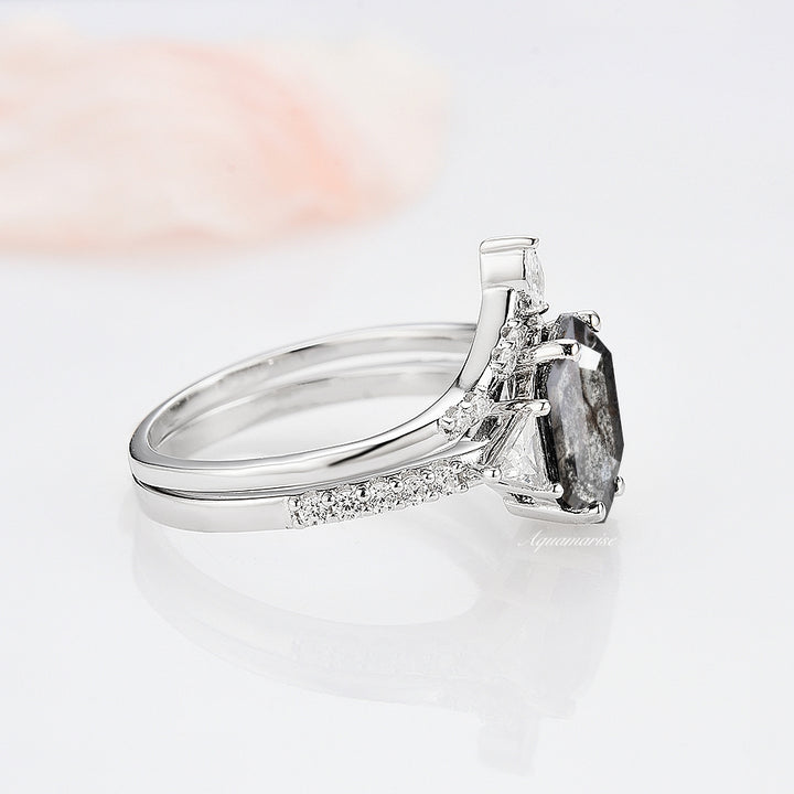 Galaxy Raw Salt & Pepper Diamond (Herkimer Diamond) Hexagon Ring Set- 925 Sterling Silver