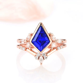 Kite Cut Bezel Blue Sapphire Ring Set in 14K Rose Gold Vermeil