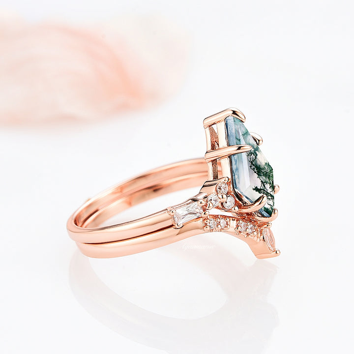 Kite Green Moss Agate Ring Set- 14K Rose Gold Vermeil