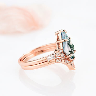 Kite Green Moss Agate Ring Set For Women- 14K Rose Gold Vermeil Natural Agate Engagement Ring- Dainty Promise Ring Anniversary Gift For Her