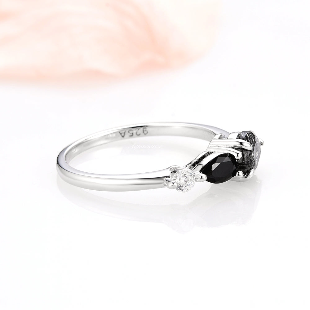 Natural Rutilated Quartz & Black Onyx Ring For Women- Sterling Silver