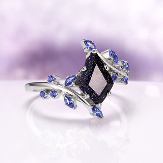 Starry Night and Sapphire Leaf Ring in 14K White Gold