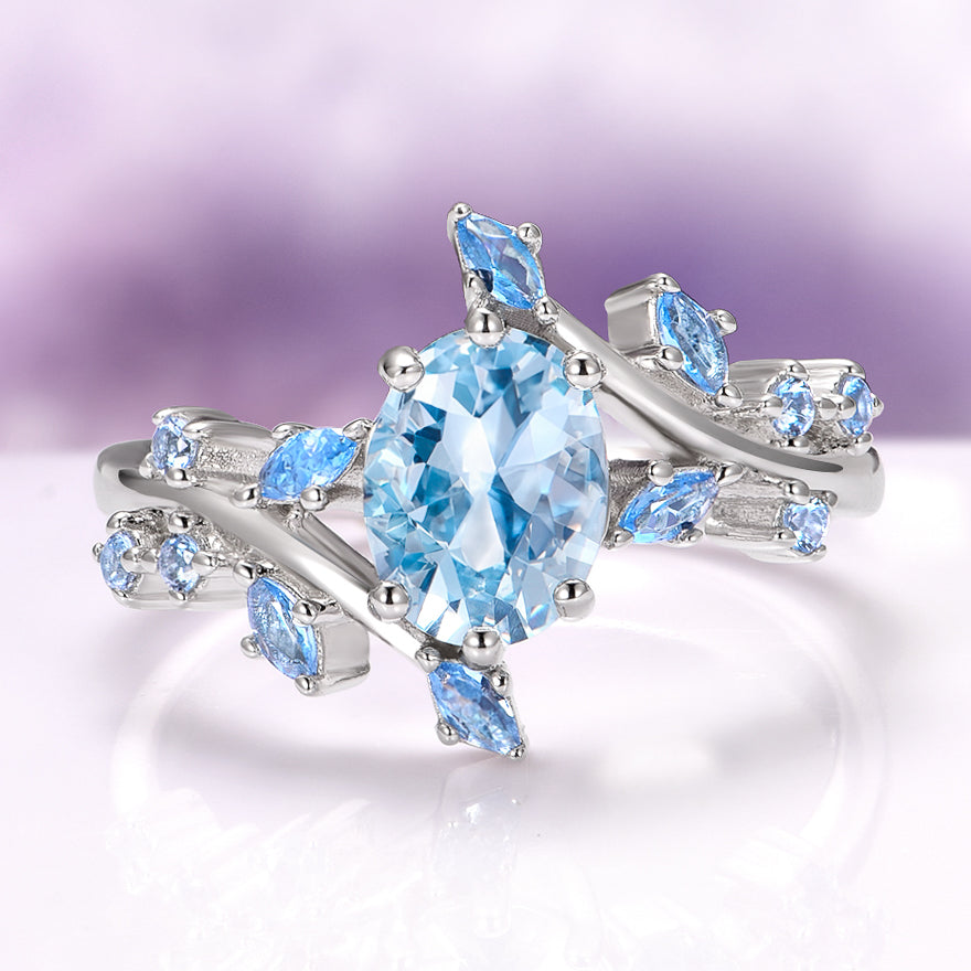 Aquamarine Leaf Couples Ring Set – Aquamarise - Main Image