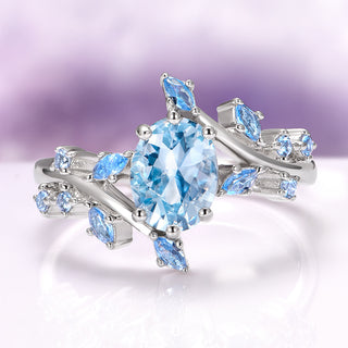 Aquamarine Fairy Leaf Engagement Ring in Sterling Silver