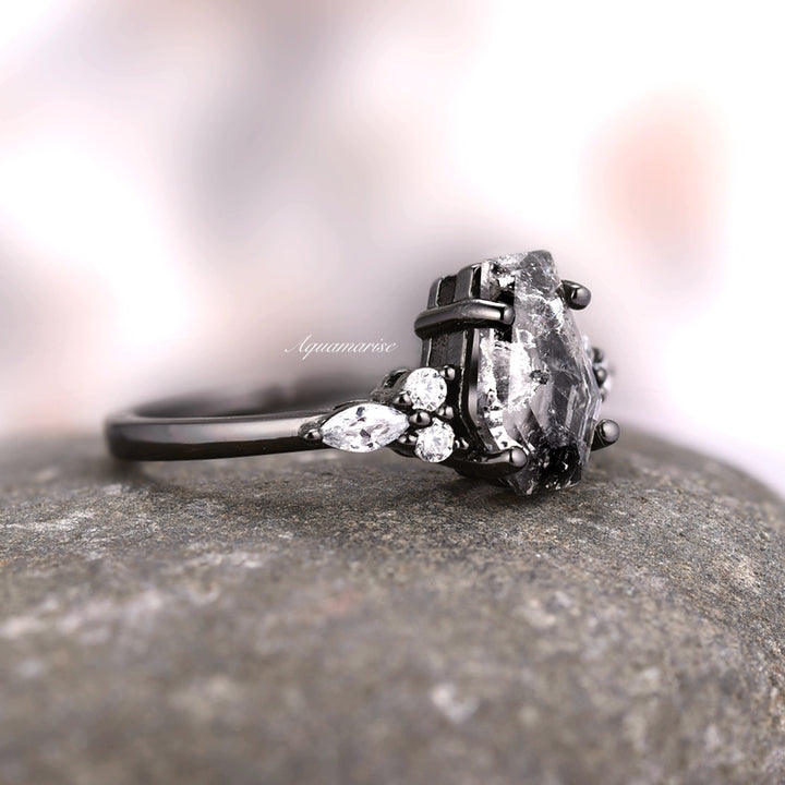 Galaxy Raw Salt & Pepper Diamond (Herkimer Diamond) Engagement Ring- Black Rhodium Filled