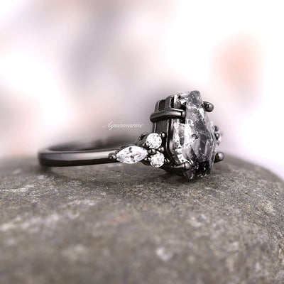 Galaxy Raw Salt & Pepper Diamond Ring- Coffin Cut Natural Herkimer Diamond Engagement Ring For Women Unique Bridal Promise Ring Black Filled