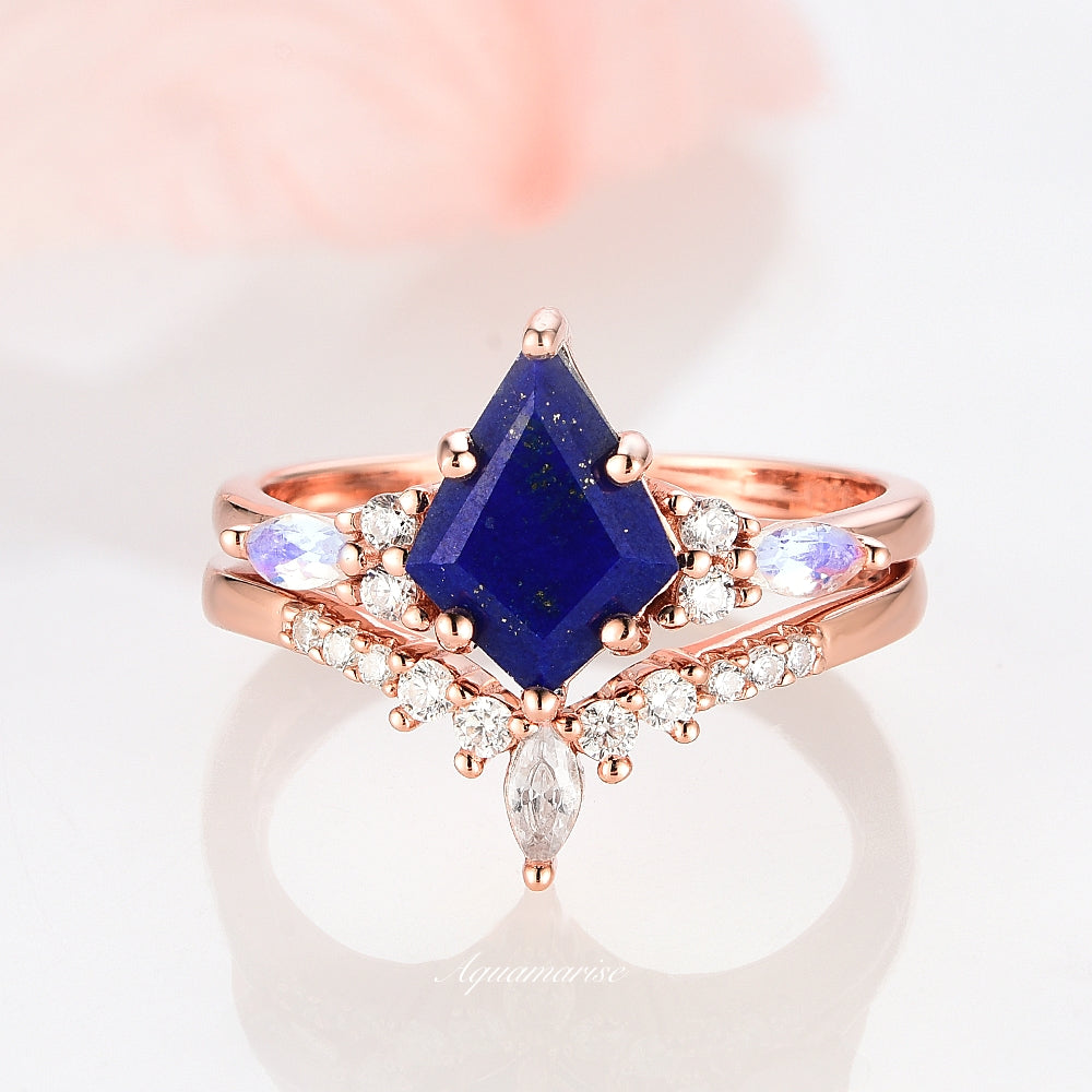 Skye Kite Natural Blue Lapis Lazuli & Moonstone Ring Set- 14K Rose Gold Vermeil Unique Engagement Ring Promise Ring Anniversary Gift For Her