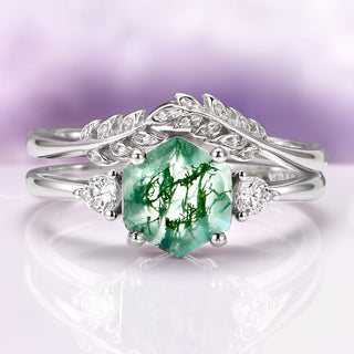 Hexagon Moss Agate Fairy Ring Set in Sterling Silver