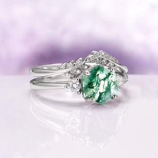 Hexagon Moss Agate Fairy Ring Set in Sterling Silver