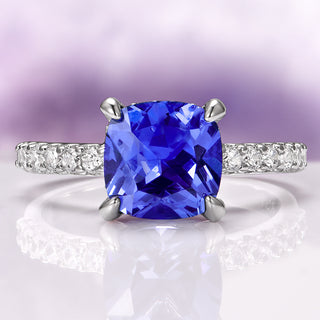 Cushion Cut Tanzanite Ring in Sterling Silver (Hidden Halo)
