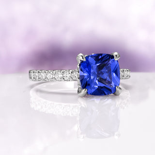 Cushion Cut Natural Tanzanite Engagement Ring in 14K White Gold (Hidden Halo)