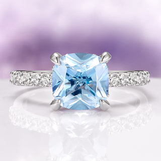 Cushion Cut Aquamarine Ring in Sterling Silver (Hidden Halo)