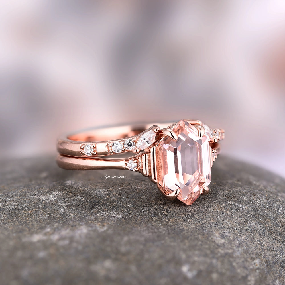 Blush Pink Hexagon Morganite Ring Set For Women- 14K Rose Gold Vermeil Vintage Engagement Ring- Unique Promise Ring Anniversary Gift For Her