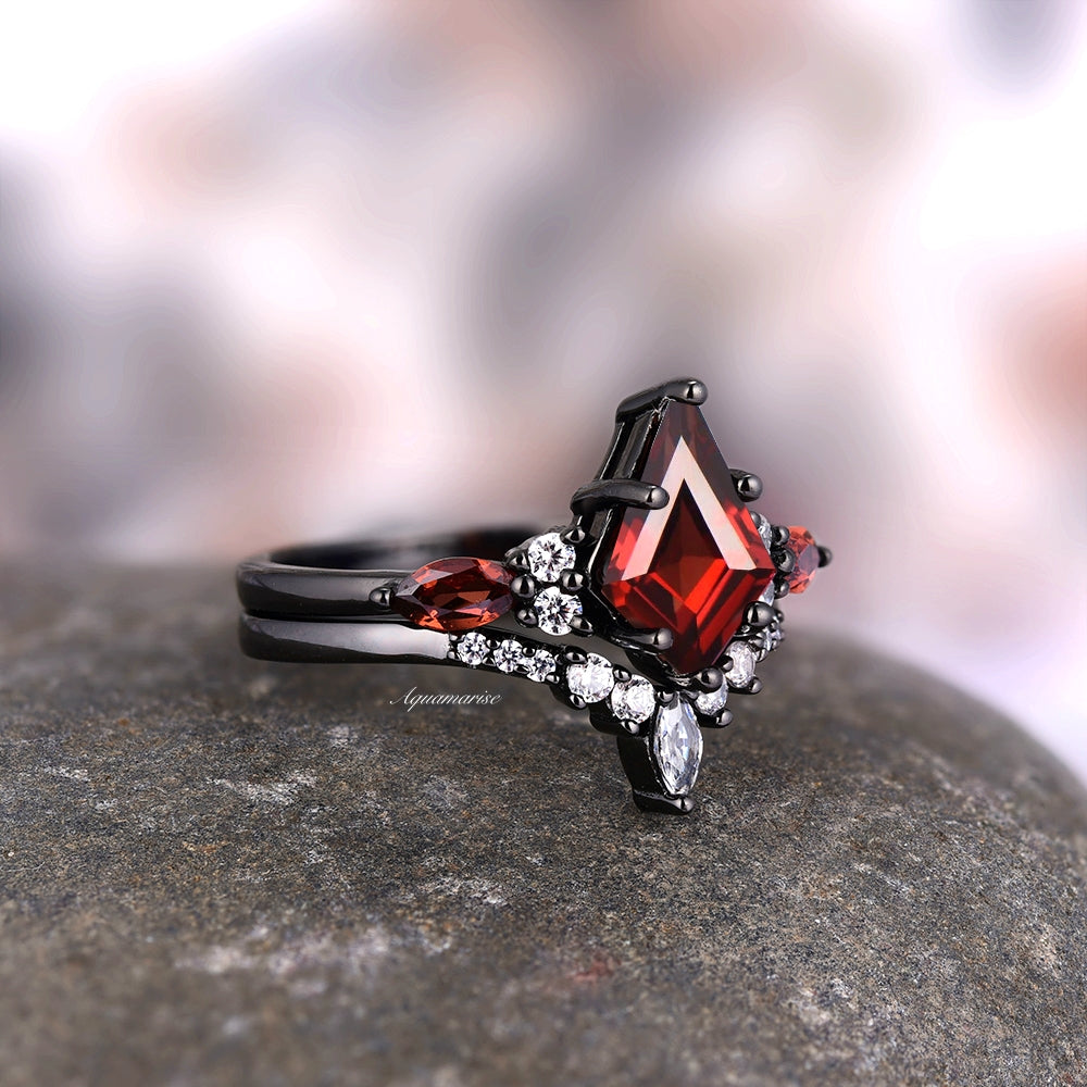 Skye Kite™  Natural Red Garnet Kite Engagement Ring Set- Black Rhodium Filled