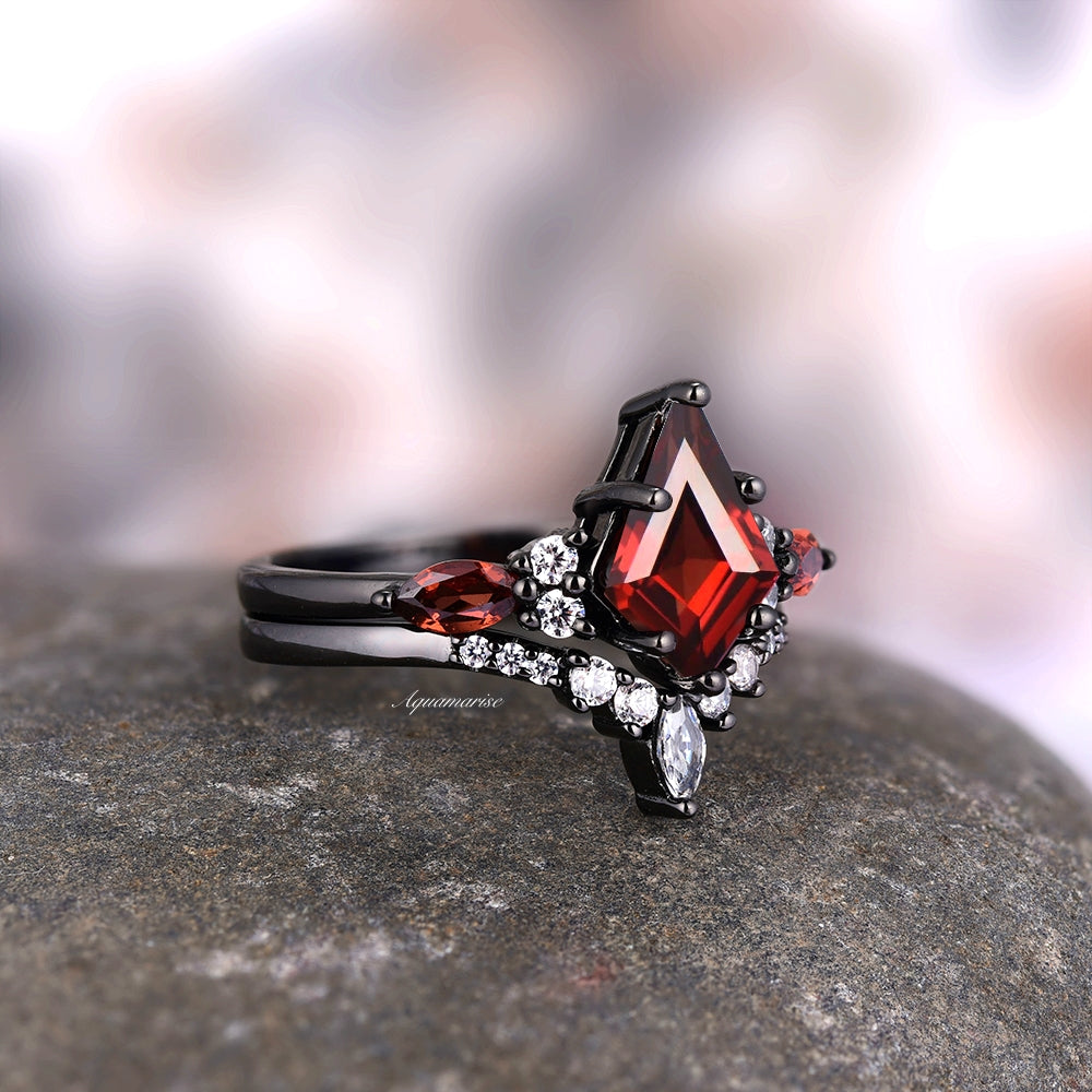 Skye Natural Red Garnet Kite Ring Set- Black Filled Sterling Silver Engagement Ring For Woman- Unique Red Gemstone Promise Ring For Her