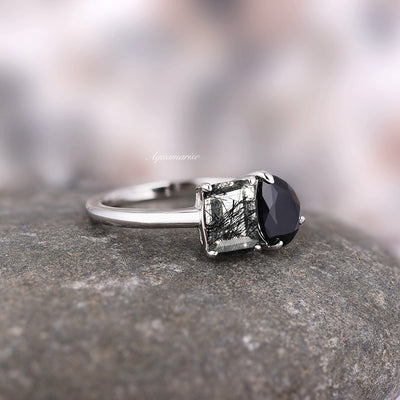 Rutilated Quartz & Black Diamond Engagement Ring For Women- Toi Et Moi Sterling Silver Natural Quartz Black Onyx Promise Ring Wedding Ring