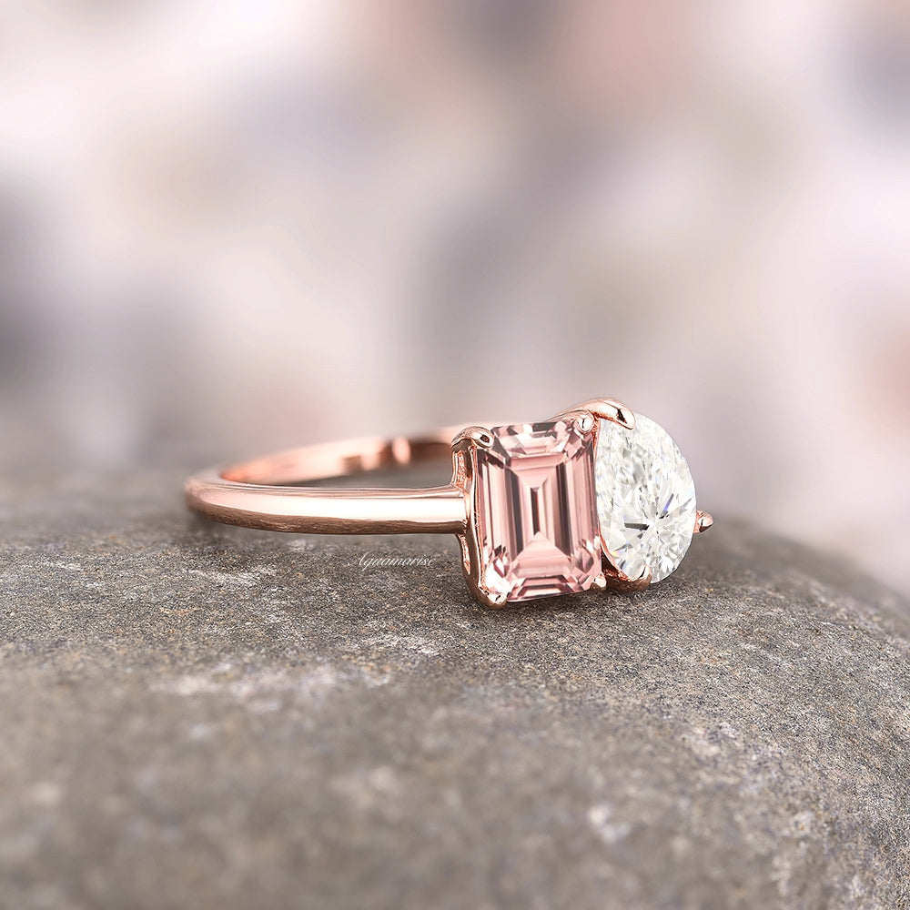 Toi Et Moi' Morganite Moissanite Ring 14K Solid Rose Gold