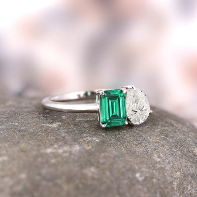 Minimalist Emerald Diamond Ring For Women- 925 Sterling Silver Green Gemstone Toi Et Moi Engagement Ring- May/ April Birthstone Jewelry
