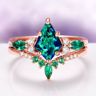 Skye Kite® Peacock Fire Opal & Emerald Engagement Ring Set in 14K Rose Gold Vermeil