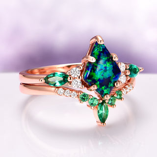 Skye Kite®  Peacock Fire Opal & Emerald Couples Ring Set