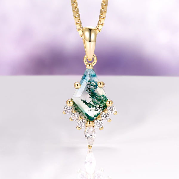Skye Kite® Green Moss Agate Necklace in 14K Yellow Gold Vermeil by Aquamarise, featuring a kite-cut moss agate pendant with sparkling white gemstone accents on a gold vermeil chain.