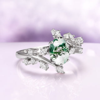 Green Moss Agate Leaf Engagement Ring in Sterling Silver
