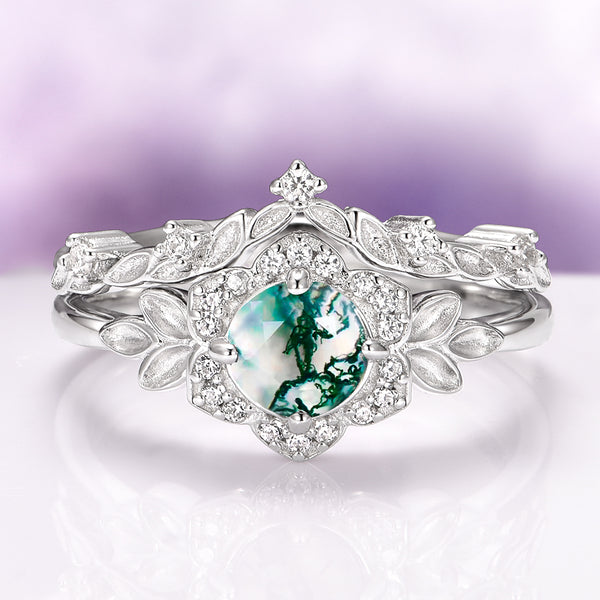 Round Moss Agate Ring Set | Fairy Leaf Sterling Silver – Aquamarise