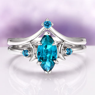 Teal Sapphire Crescent Moon Ring Set in 14K White Gold