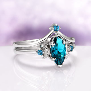 Borealis Forest & Teal Sapphire Couples Ring Set- Northern Lights & Trees