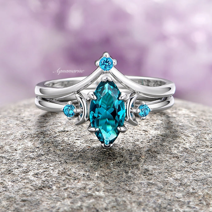 Teal Sapphire Crescent Moon Ring Set- 14K White Gold