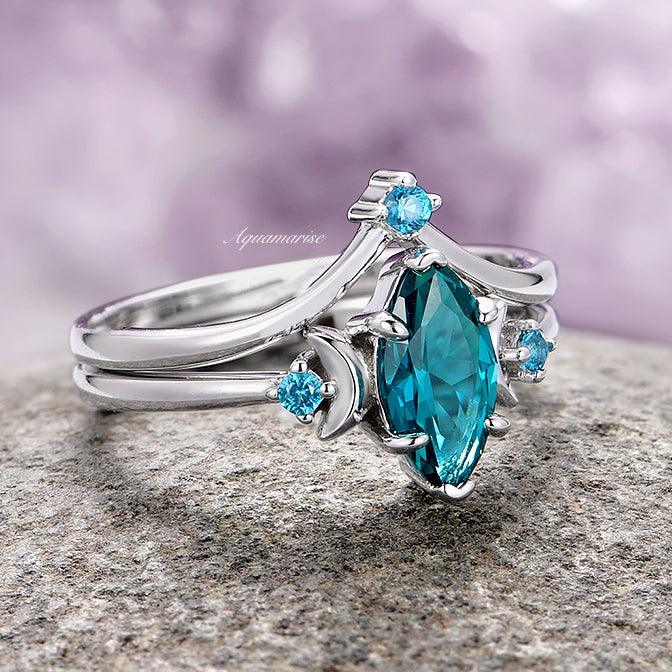 Teal Sapphire Moon Ring Set- Sterling Silver