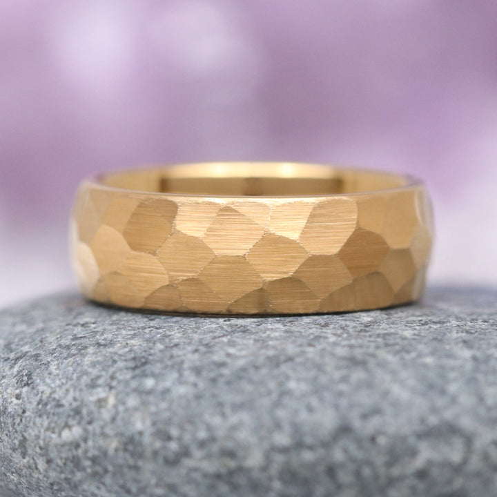 Hammered Gold Wedding Band - 8MM Yellow Gold Tungsten Carbide