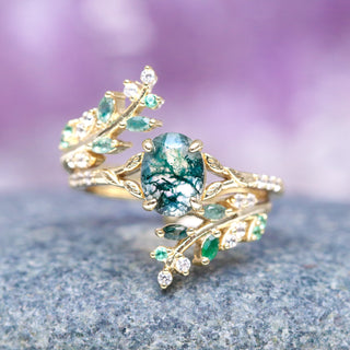 Green Moss Agate & Emerald Leaf Ring Set in 14K Yellow Gold Vermeil