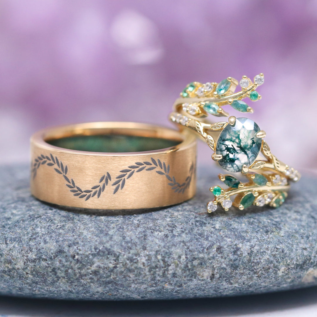 Green Moss Agate & Emerald Leaf Ring Set- 14K Yellow Gold Vermeil