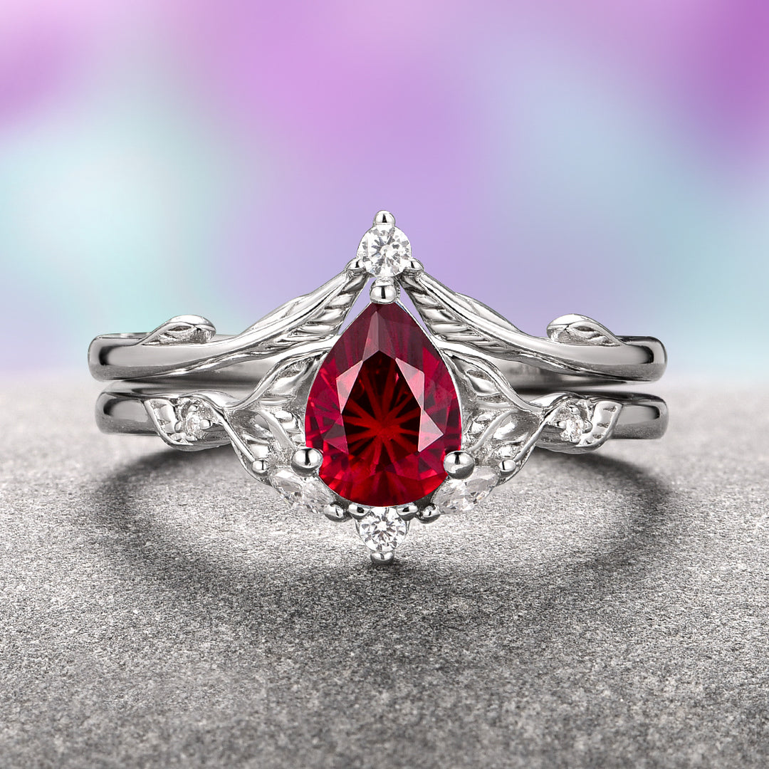 Airee Teardrop Ruby Ring Set- Sterling Silver (Fantasy Cut)