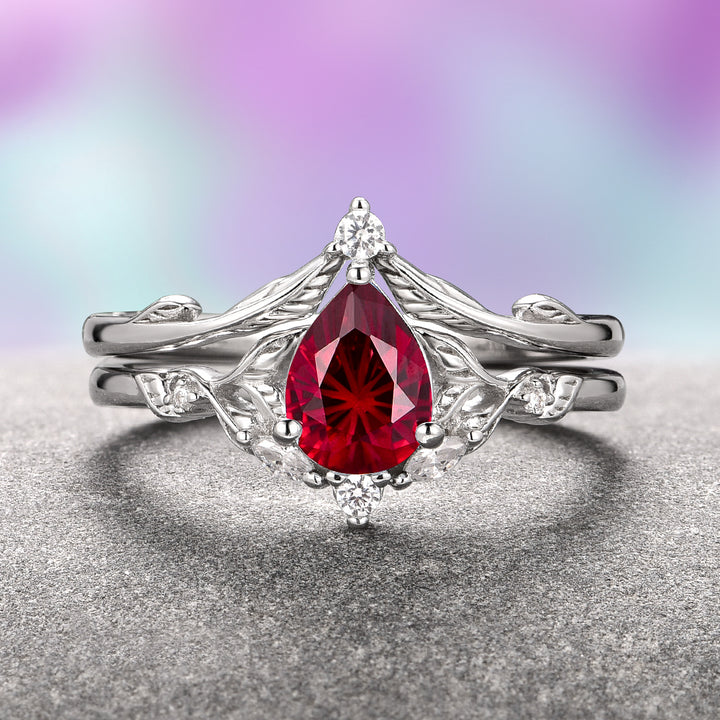 Airee Teardrop Ruby Ring Set- 14K White Gold (Two Piece)