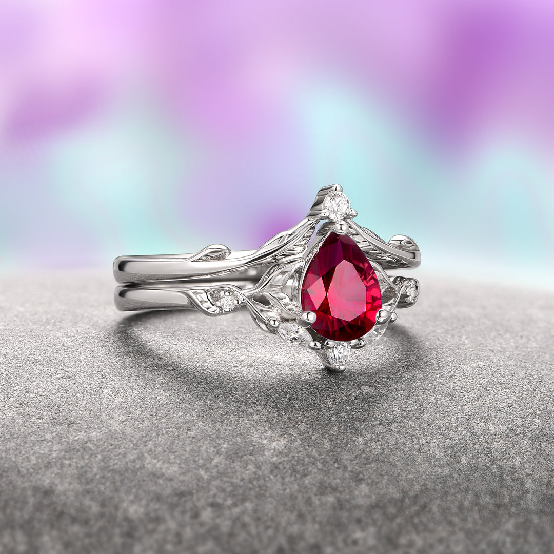 Airee Teardrop Ruby Ring Set- Sterling Silver (Fantasy Cut)