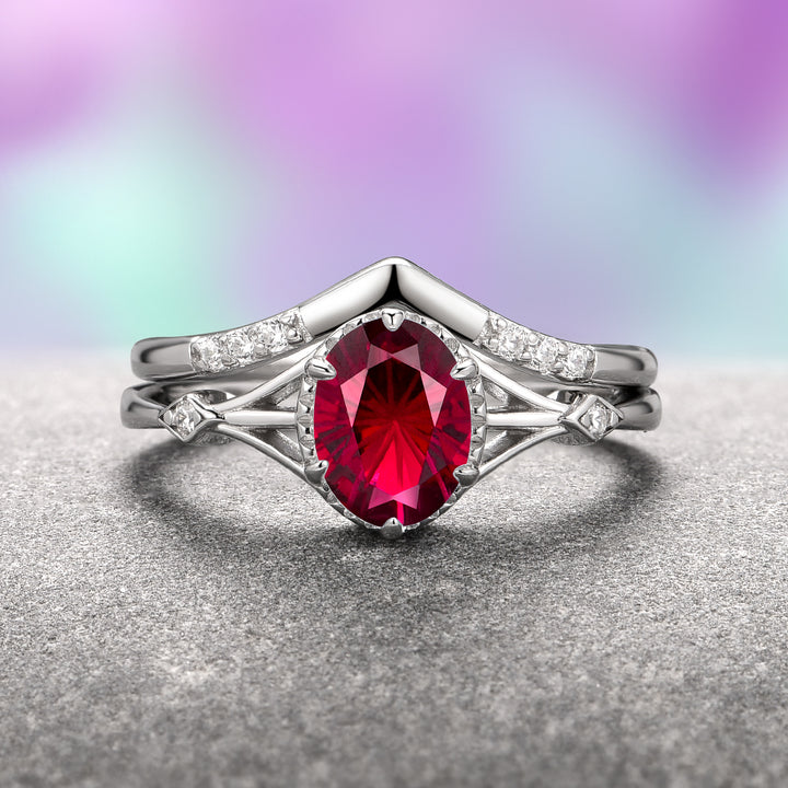 Celtic Ruby Ring Set- 14K White Gold (Two Piece)