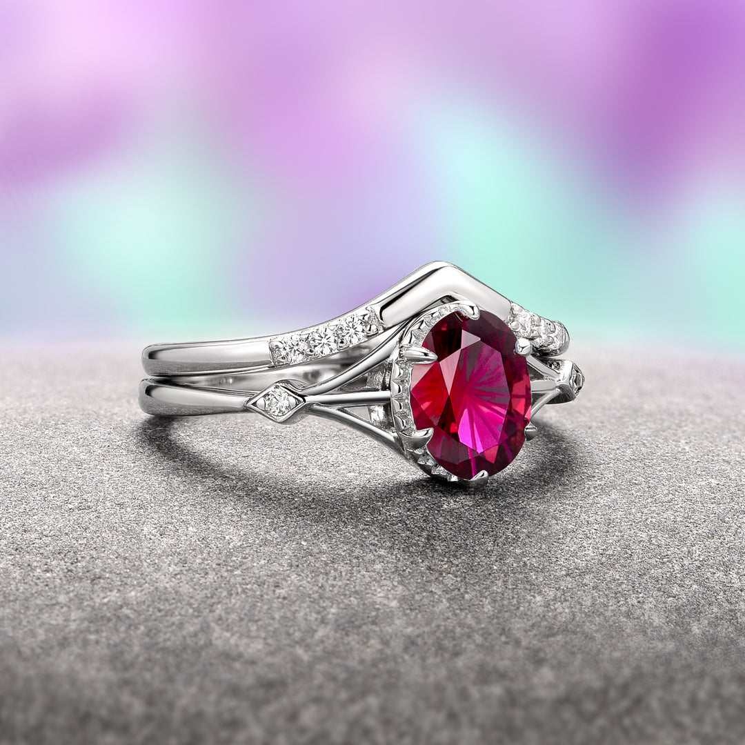 Celtic Ruby Ring Set- 14K White Gold (Two Piece)