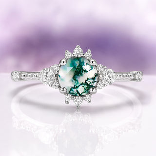 Round Green Moss Agate Ring in Sterling Silver