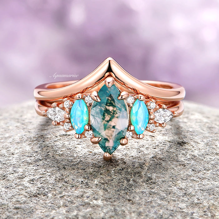 Emerie Moss Agate & Opalescent Sapphire Ring Set- 14K Rose Gold Vermeil