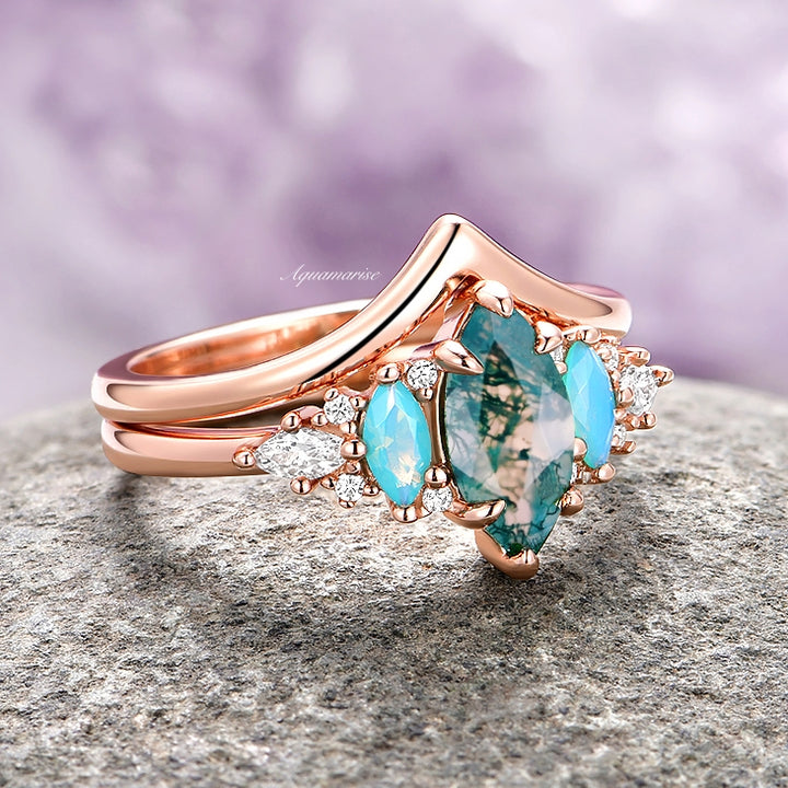 Emerie Moss Agate & Opalescent Sapphire Ring Set- 14K Solid Rose Gold