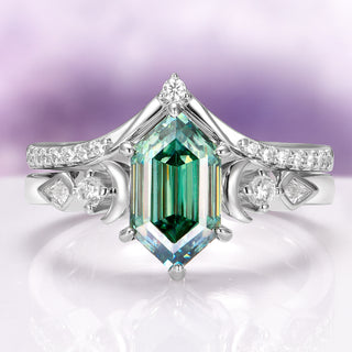 Elara Hexagon Pacific Green Moissanite & Crescent Moon Ring Set in Sterling Silver