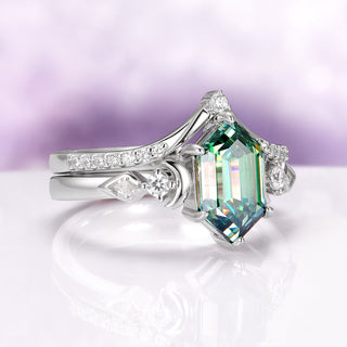 Elara Hexagon Pacific Green Moissanite & Crescent Moon Ring Set in Sterling Silver