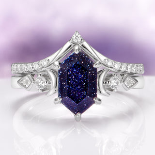 Elara Starry Night Crescent Moon Engagement Ring Set in Sterling Silver